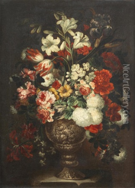 Tulips, Lilies, Chrysanthemums And Other Flowers In A Vase On A Stone Ledge Oil Painting - Bartolommeo Bimbi