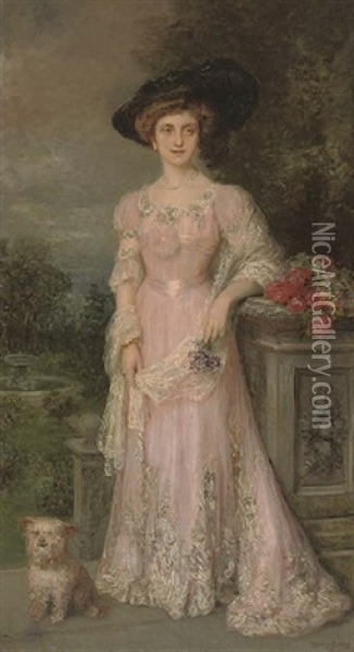 Portrait Of A Lady In A Pink Dress, Standing Alongside Her Dog Oil Painting - Ricardo de Madrazo y Garreta