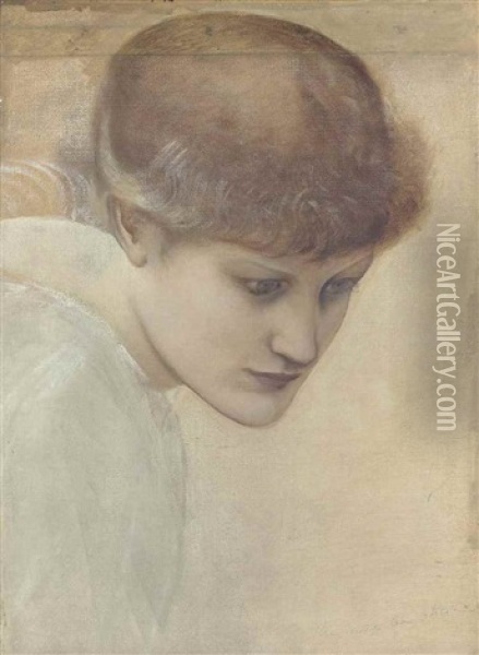 Head Study Of Dorothy Dene Looking Downwards, For 'the Golden Stairs Oil Painting - Edward Burne-Jones