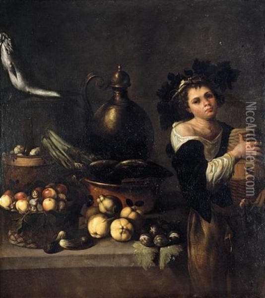 A Kitchen Still Life With A Servant Boy Holding A Cask Of Wine Beside A Table Laden With Fruit, Vegetables And Fish Oil Painting -  Caravaggio