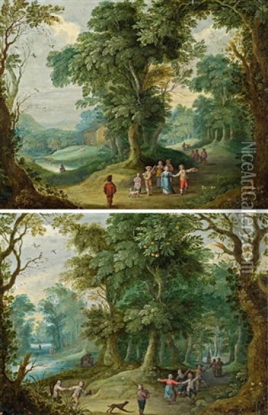 Waldlandschaft Mit Lautenspieler Und Tanzenden Und Waldlandschaft Mit Dudelsackspieler Und Tanzenden (pair) Oil Painting - Jasper van der Laanen