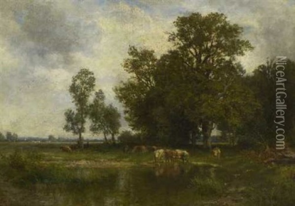 Rinder Am Wasser In Baumlandschaft Oil Painting - Philipp Roeth