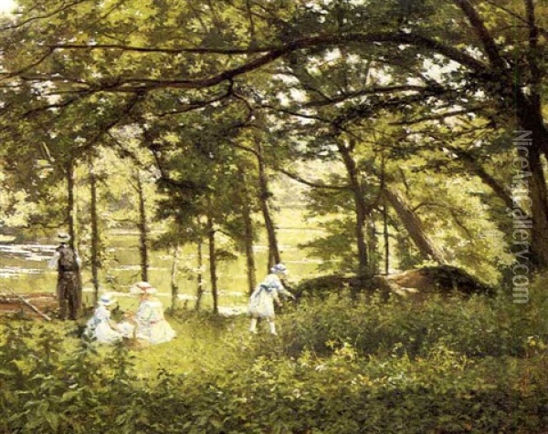 A Picnic Along The River Oil Painting - Henri Biva