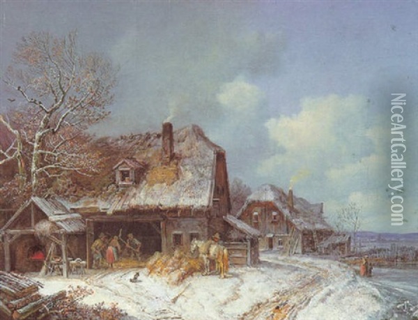 Winterliches Dorf Oil Painting - Heinrich Buerkel