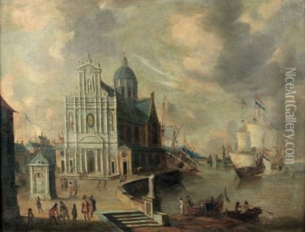 Vue Fantaisiste De L'eglise Des Jesuites Sur Le Port D'anvers Oil Painting - Jan Abrahamsz. Beerstraten