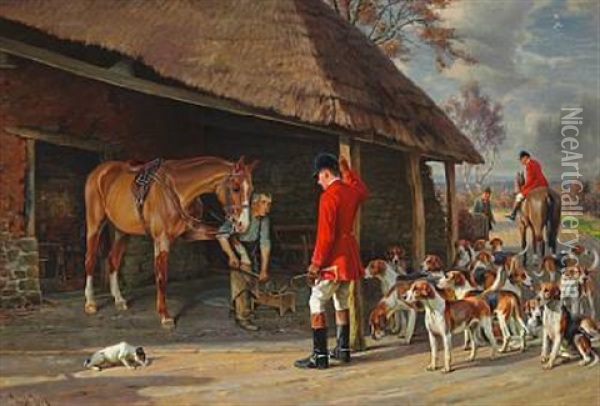 The Blacksmith Shoes The Horse Before The Hunt Oil Painting - Wright Barker