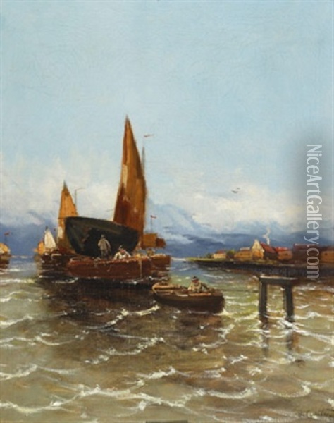 Fishing Boats In A Harbour Oil Painting - Georg Fischhof