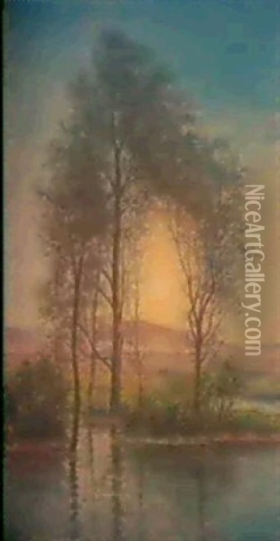 Solnedgang Mellan Traden Oil Painting - Per Ekstroem