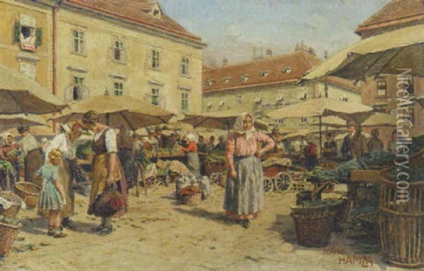 A Busy Marketplace Oil Painting - Hans Hamza