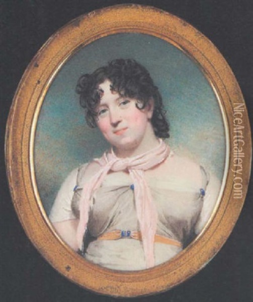 A  Lady Wearing Pale Grey Dress With Blue Buttons, Gold-coloured Belt With Matching Blue Buckle, White Underdress, Pale Pink Scarf, Her Brown Hair Worn In Loose Curls Oil Painting - Andrew Robertson