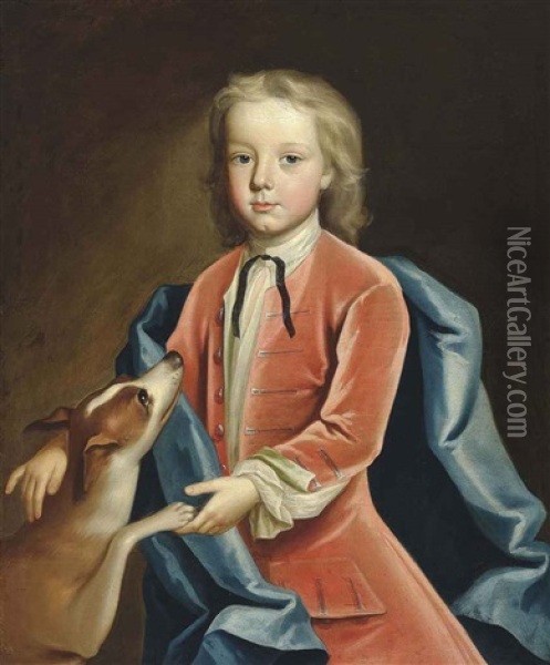 Portrait Of A Boy In A Red Coat And Blue Wrap, With His Hound Oil Painting - Joseph Highmore