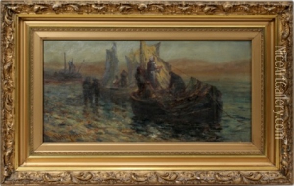 Fisherman In Boats Oil Painting - Robert B. Hopkin