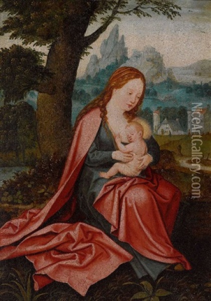 Maria Mit Dem Kind In Weiter Landschaft Oil Painting - Joachim Patinir