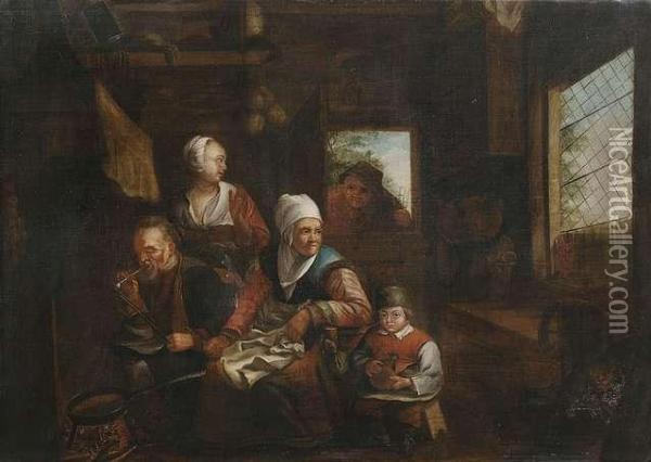 Peasantfamily In A Kitchen. Oil Painting - David The Younger Ryckaert