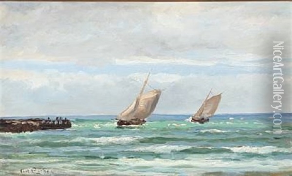 Sailboats At A Pier Oil Painting - Carl Ludvig Thilson Locher