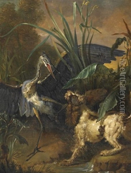 Jagdstuck. Reiher Attackiert Einen Jagdhund Im Schilf Oil Painting - Jean-Baptiste Oudry