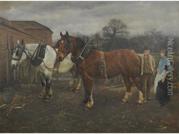 Shire Horses At The End Of A Hard Day's Work Oil Painting - William Edward Millner