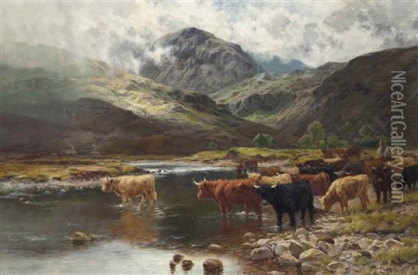 Cattle Crossing The River Garie, Kinlochewe, Scotland Oil Painting - Louis Bosworth Hurt