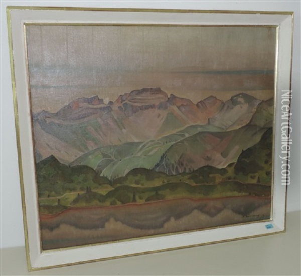 Sommerliche Seenlandschaft Mit Gebirgszug Im Hintergrund Oil Painting - Rudolf Duerrwang