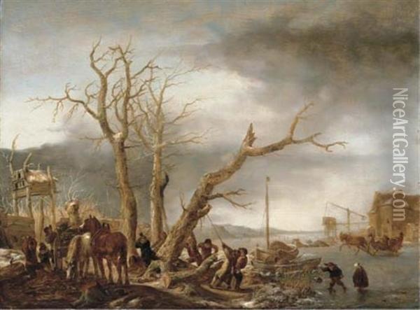 A Frozen River Landscape With Woodsmen Felling A Tree, A Water Mill Beyond Oil Painting - Isaack Jansz. van Ostade