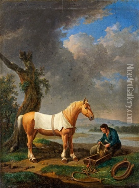 Flodlandskap Med Rastande Hast Och Ryttare Oil Painting - Alexander Johann Dallinger Von Dalling