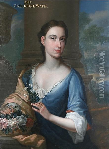 Portrait Of Mrs Catherine Wade, Half Length,stood Before Classical Columns And Holding A Basket Offlowers Oil Painting - James Parmentier