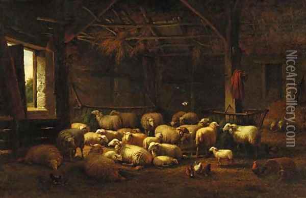 Sheep in a barn Oil Painting - Dutch School