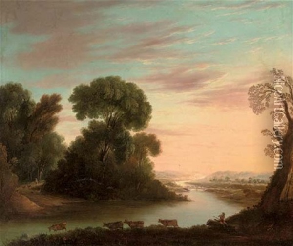 A Wooded River Landscape With A Drover Under A Tree, His Cattle Beyond Oil Painting - Claude Lorrain