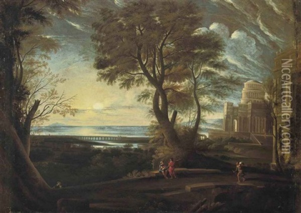 A Classical Landscape With Figures Resting On A Bridge Oil Painting - Claude Lorrain