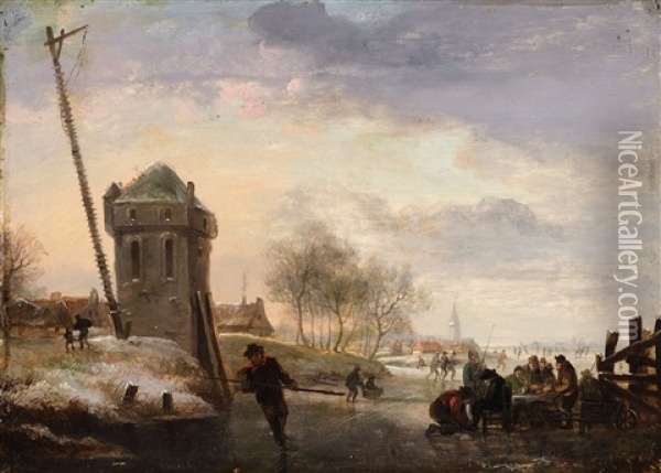 Ice Skating Before A Dutch Town Oil Painting - Johannes Maas the Younger