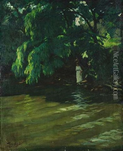 Flusufer Mit Bluhenden Baumen, In Deren Schatten Steht Eine Weisgekleidete Frau Und Blickt Auf Das Wasser Oil Painting - Wilhelm Hempfing