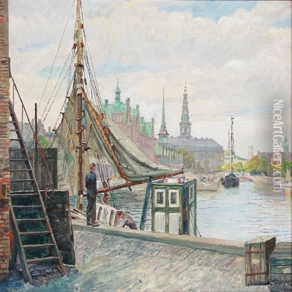 View Of The Inner Harbour Of Copenhagen Towards Christiansborg Oil Painting - Robert Panitzsch