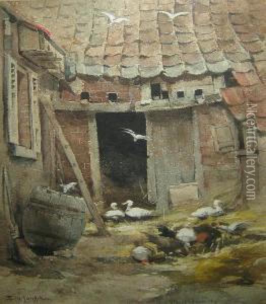 Kippen En Eenden Op Het Erf. Oil Painting - Florimond Van Acker