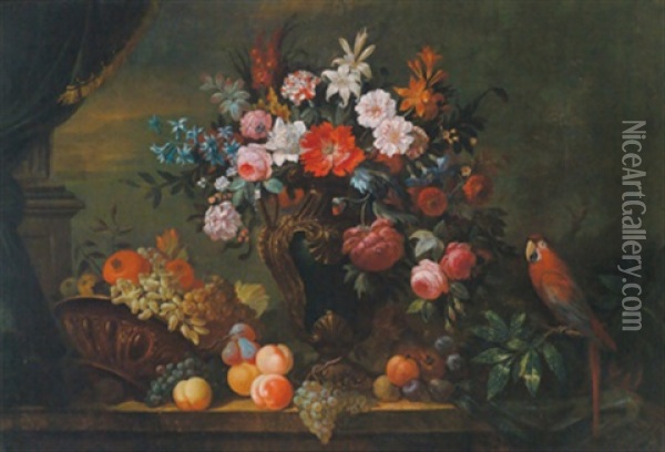 Stillleben Mit Blumen Und Fruchten Und Einem Papagei Oil Painting - Pieter Casteels III