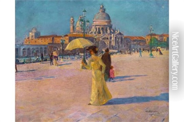 Uferpromenade In Venedig Mit Blick Auf Santa Maria Della Salute Oil Painting - Max Schlichting