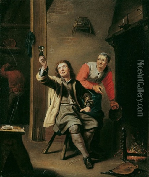 Art Wirtshausinterieur Mit Einem Zecher Vor Offenem Kamin Oil Painting - David Ryckaert III