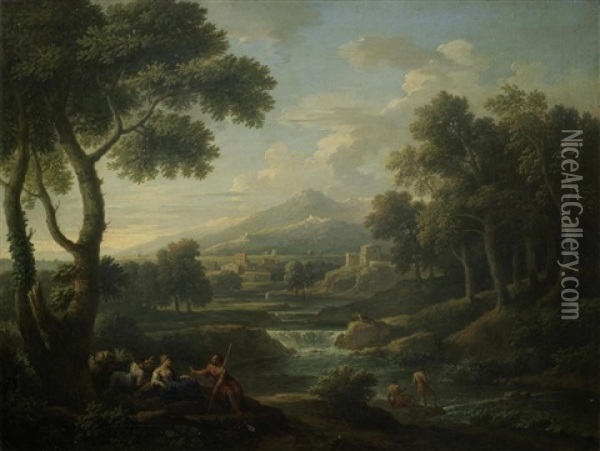 An Italianate Landscape With Figures Resting By A River Oil Painting - Jan Frans van Bloemen