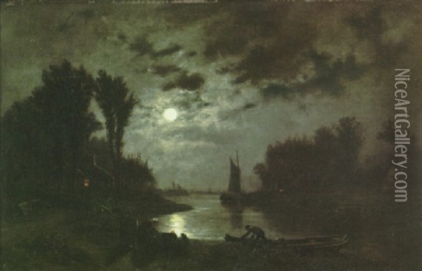 A Moonlit River Scene With A Dinghy Come Ashore And Figures On The Bank In The Foreground Oil Painting - Auguste Paul Charles Anastasi