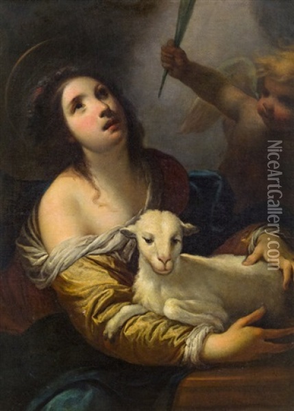 St. Agnes With Lamb Oil Painting - Simone Pignoni