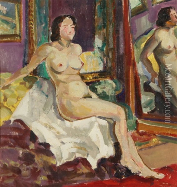 Seated Nude By A Mirror Oil Painting - Sergei Ivanovich Lobanov