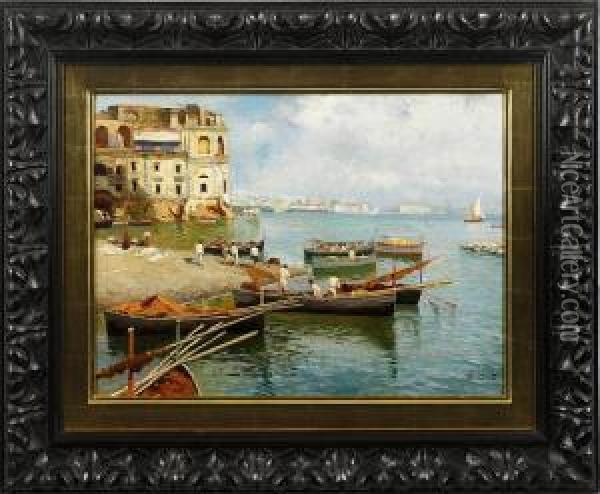 Fischer Im Sommerlichen Hafen Von Nizza Oil Painting - Emmanuel Costa