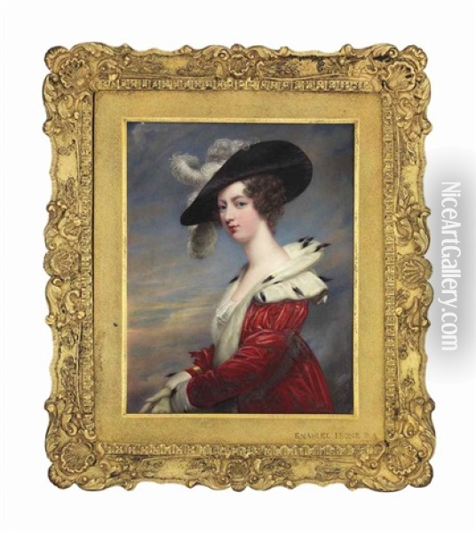 Lady Georgiana Agar Ellis, Later Lady Dover, Nee Howard (1804-1860), In Ermine-trimmed Red Coat, Wearing Black Hat Adorned With Ostrich Plumes Oil Painting - Henry Bone