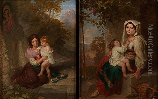 Mor Med Barn (pair) Oil Painting - Penry Williams
