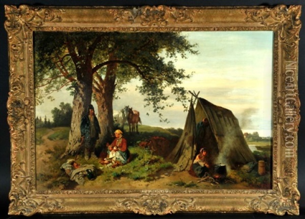 Zigeunerlager In Landschaft Mit Baumen Oil Painting - Adolph van der Venne