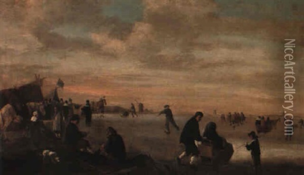 Winter Landscape With Peasants Skating Oil Painting - Cornelis Beelt