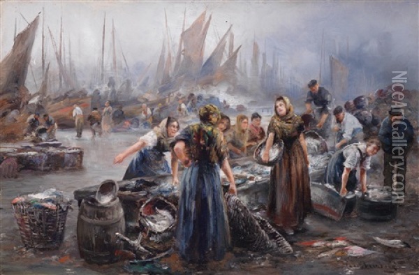 At The Fish Market Oil Painting - Emil Barbarini