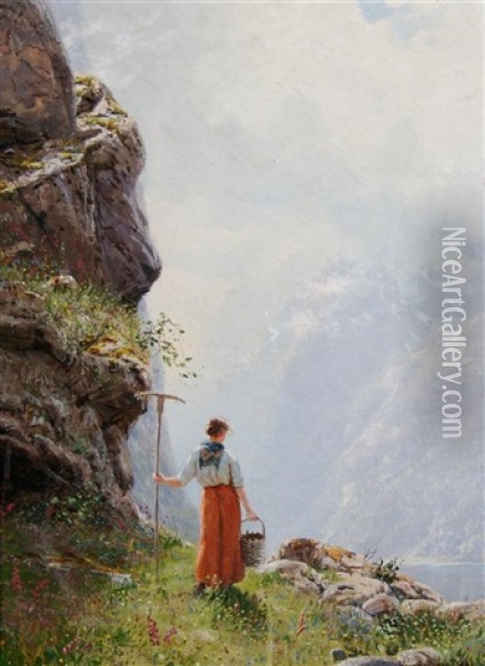 Glimpse Of A Norway Fjord Oil Painting - Hans Andreas Dahl