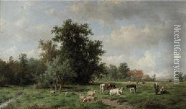 Cattle In A Summer Landscape Oil Painting - Anthonie Jacobus Van Wyngaerts