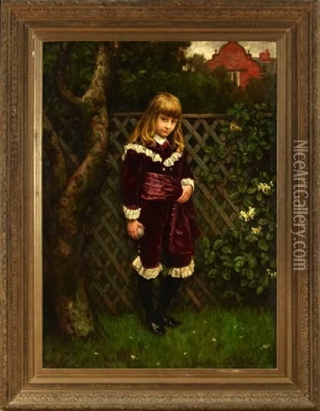 Portrait Of A Young Girl In A Scarlet Dress With Lace Trim, Seated In A Garden Reading A Book (+ Portrait Of A Boy In A Burgundy Suit Holding A Cricket Ball; 2 Works) Oil Painting - Charles Haigh-Wood