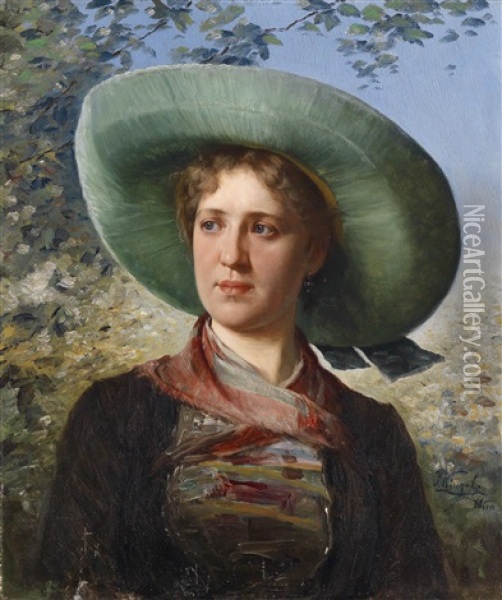 Portrait Einer Jungen Frau In Tracht Oil Painting - Josef Kinzel